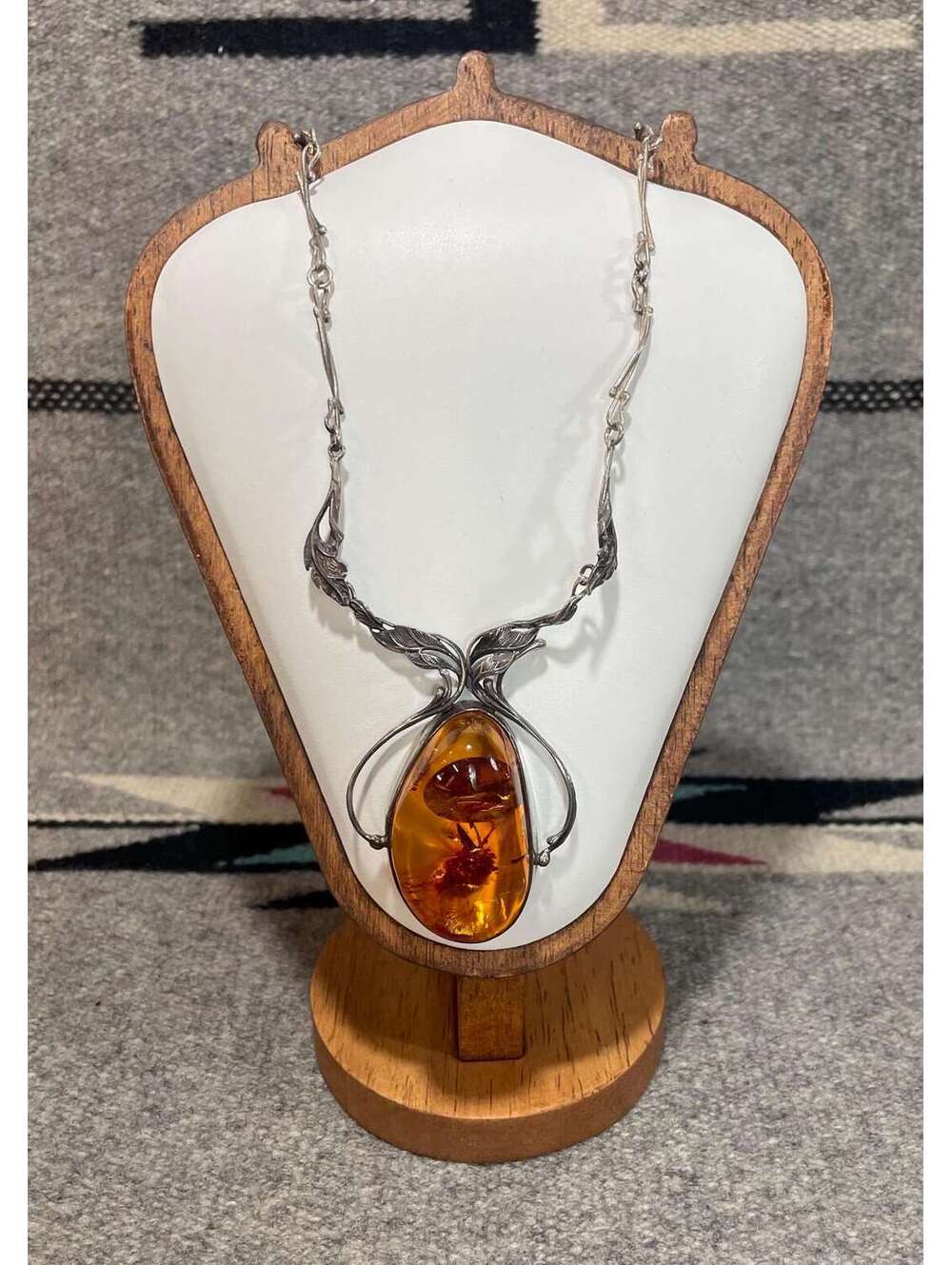 Vintage Amber & Sterling Silver Statement Necklace Huge Cabochon Artistic Chain